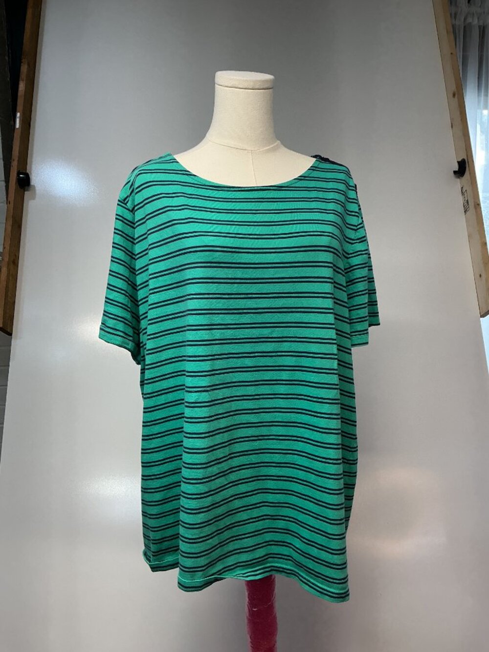 Coral Bay Woman 3X Green Navy Striped Cotton Top Button Shoulder Plus Size - Picture 5 of 10